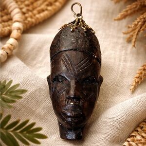 Hand-Carved Wood African Style Face Pendant Boho Tribal Statement
